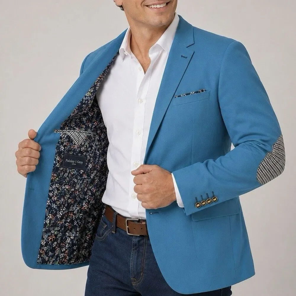 Paisley & Gray 48R Blue Sport Coat Blazer Floral Lining Elbow Patch Slim Fit